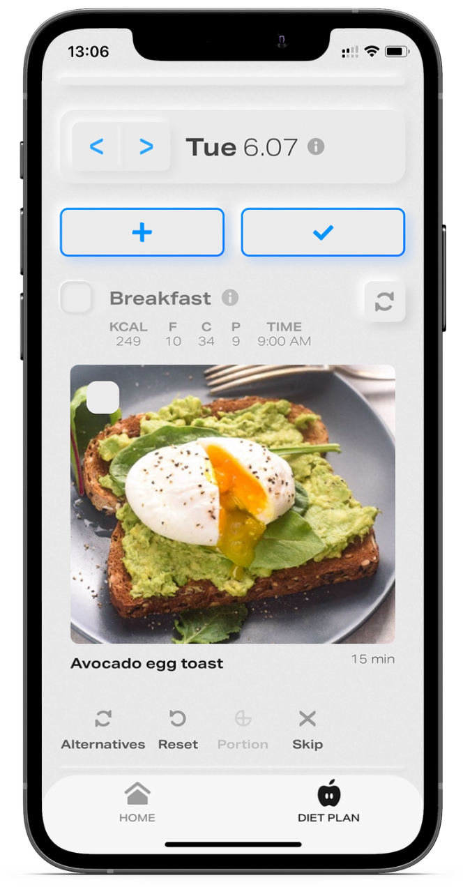 Screenshot of an app showing a diet plan. There’s a picture of an avocado and egg toast along with its nutritional info. There are buttons to log another meal, request alternatives or skip the meal.